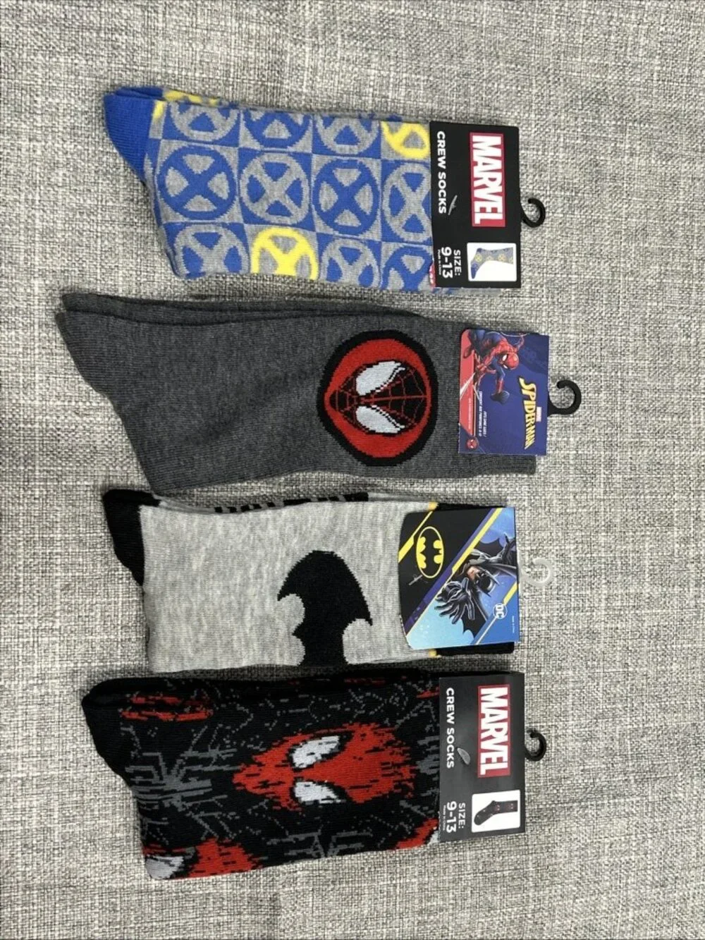 Lot of 4 Novelty Crew Socks Pop Culture Super Hero Spider-Man X-Men Batman DC